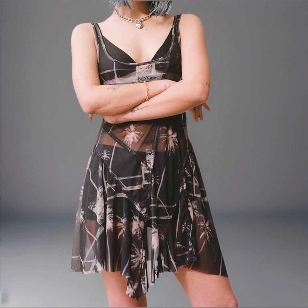 NWT Urban Outfitters Small Sheer Mesh Mini Dress Palm Tree Print Coquette Skater